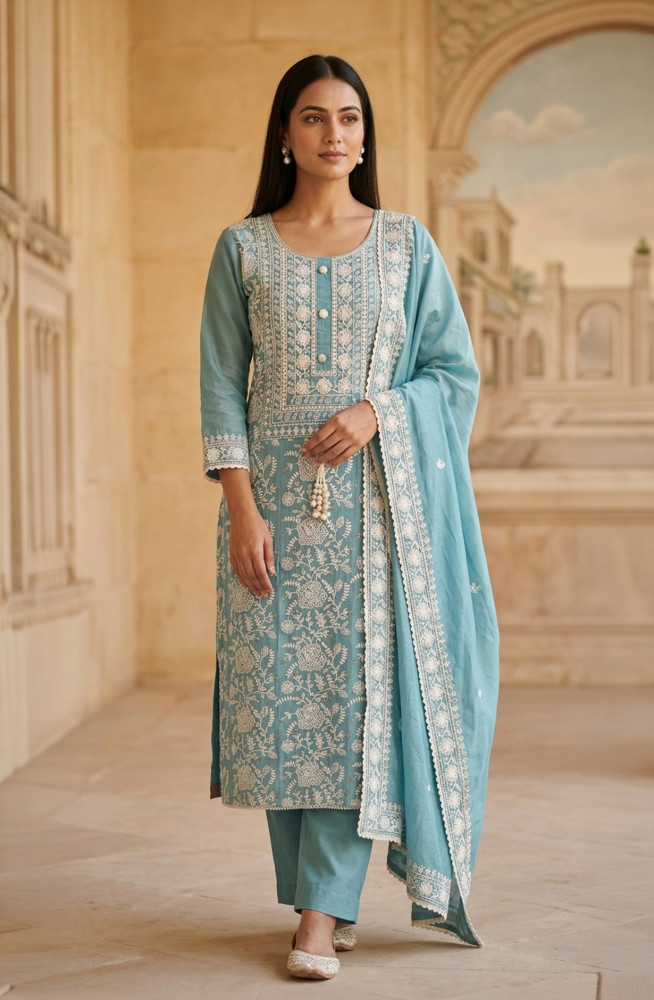 Image of Blue Mul Chanderi Unstitched Beautiful Suit Set with Dupatta -  824-2514A