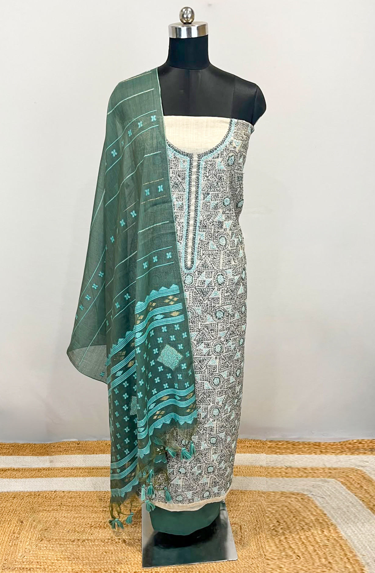 Green Chanderi Unstitched Suit Set with Beautiful Dupatta - 986-KFS90