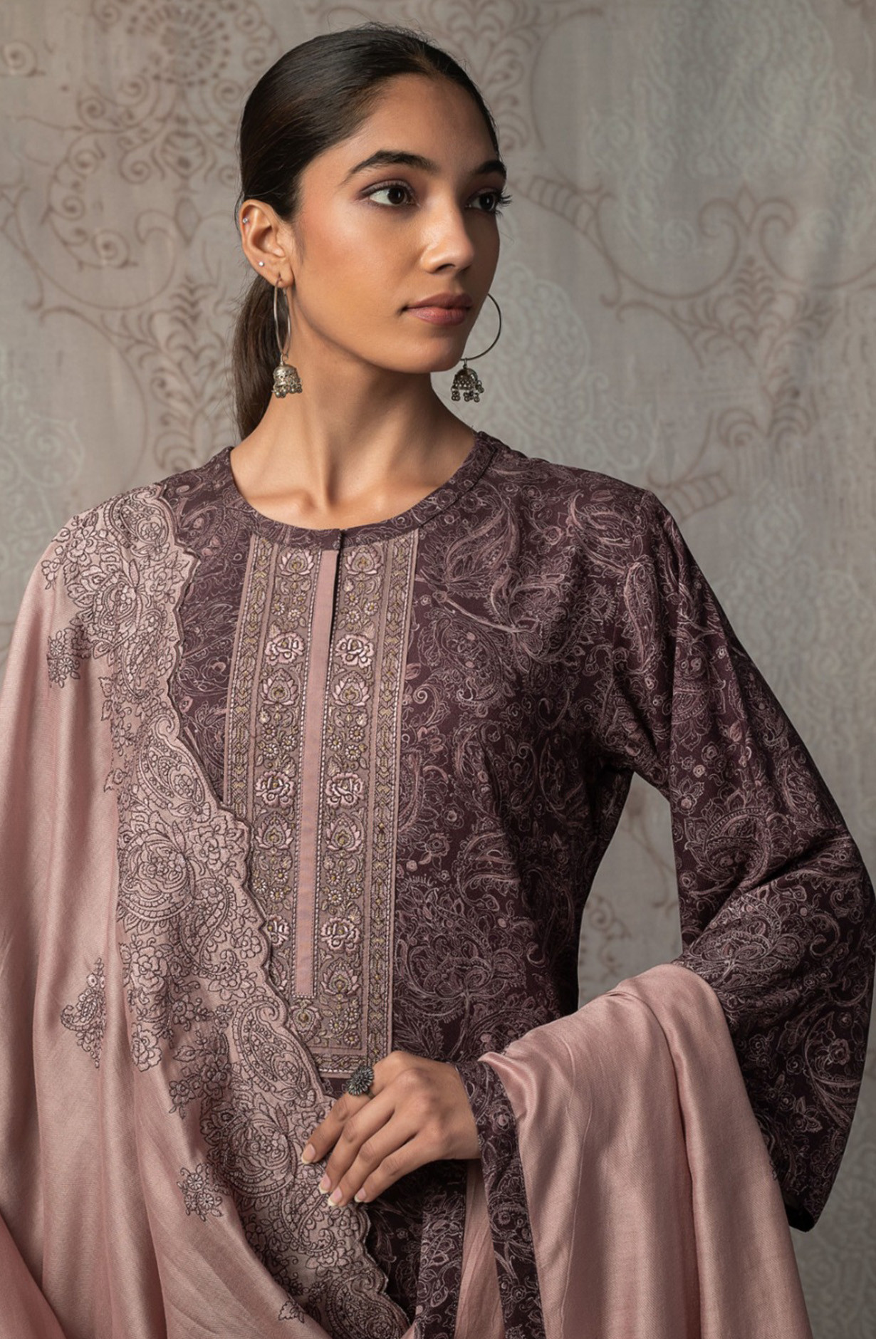 Brown Pashmina Suit Set with Pashmina Dupatta - R157-SPR2482B