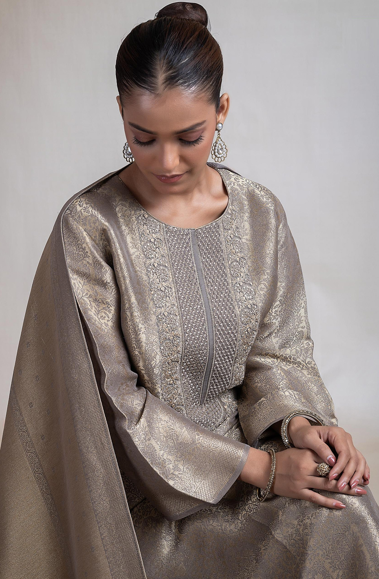 Gold Tissue Silk Jacquard Suit Set with Beautiful Dupatta - R157-SPR2387A