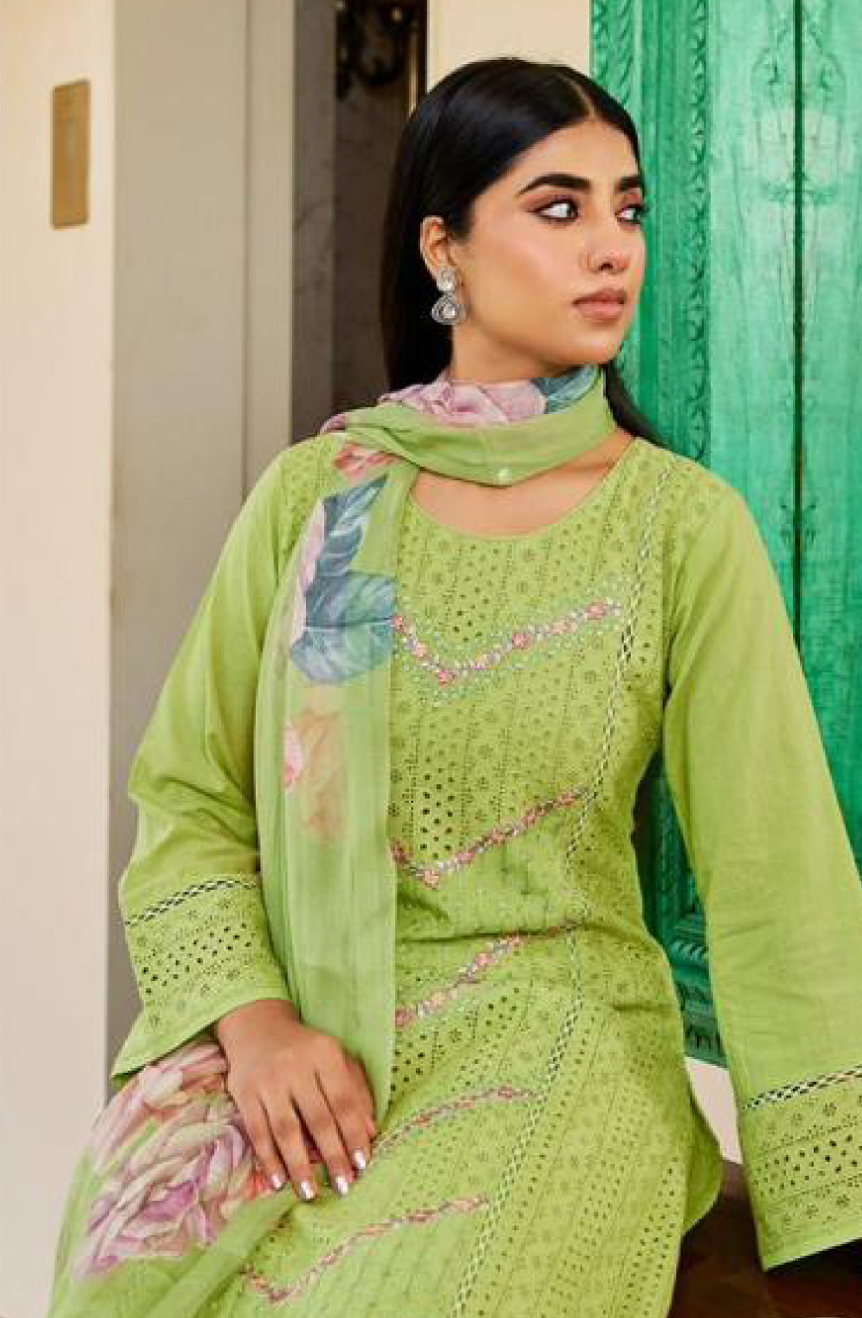 Pista Pure Cambric Cotton Suit Set with Dupatta- SHA15900