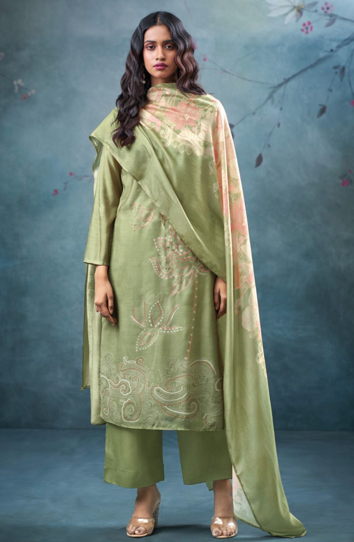Green Pure bemberg silk Suit Set with Dupatta- QIR3665C