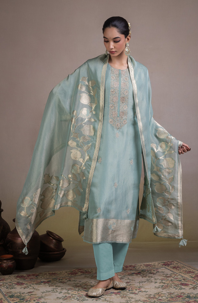 Image of Green Jacquard Silk Unstitched Suit Set with Dupatta - R157-SPR2818A