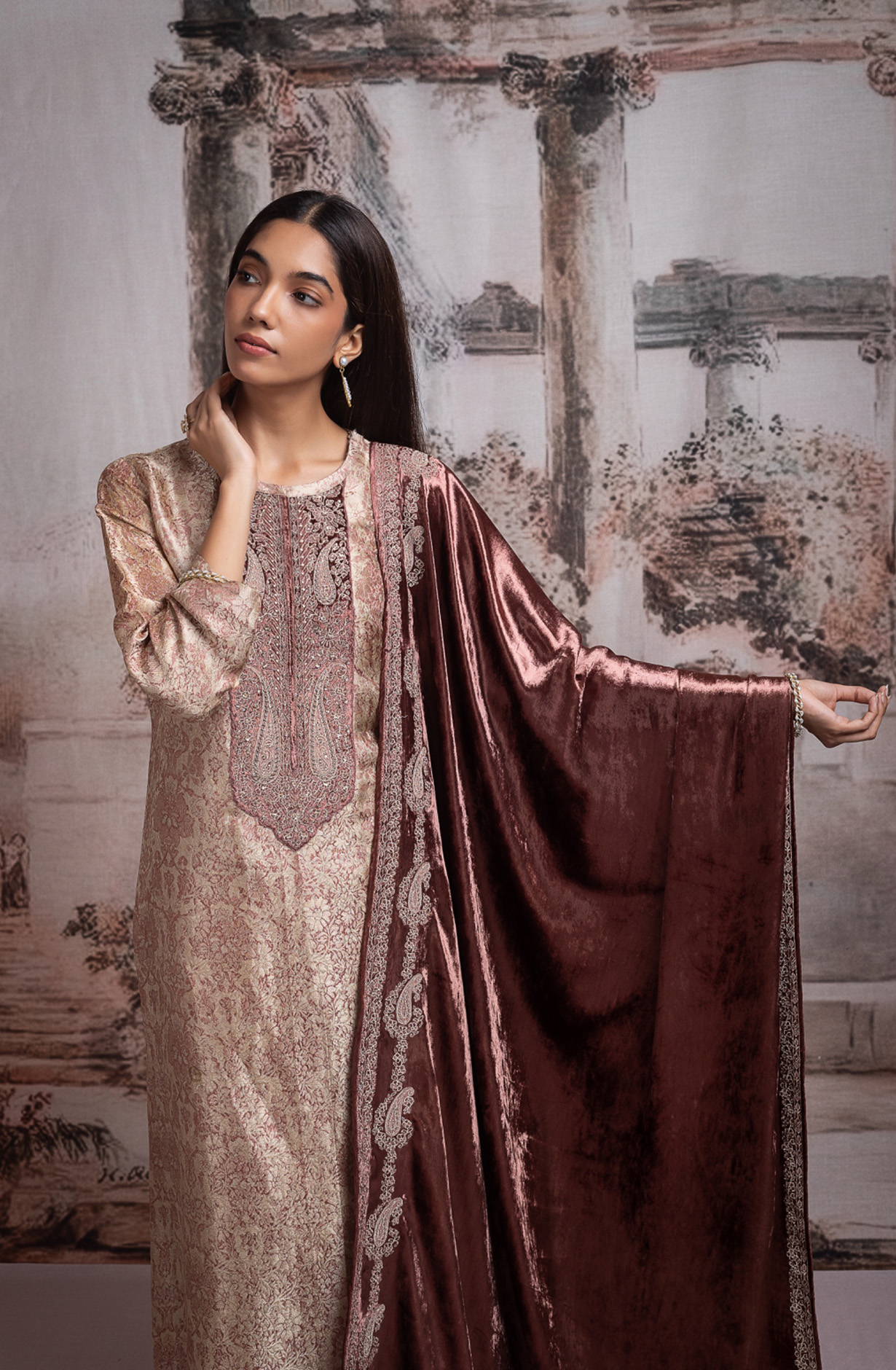 Wine Pashmina Suit set with Pashmina Dupatta - YOR2065B