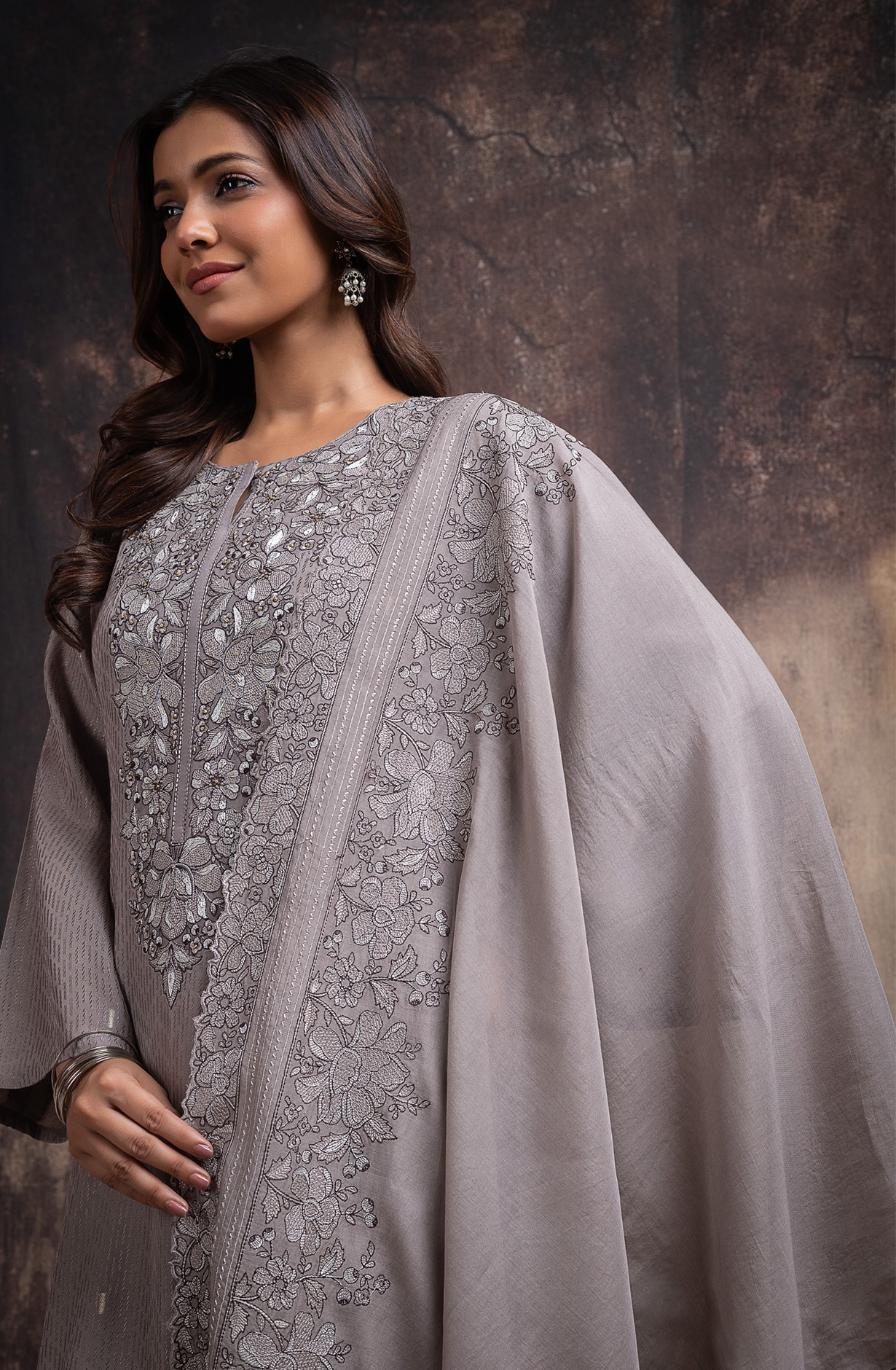 Grey Chanderi silk jacquard beautiful Suit Set with Dupatta - R157-SPR2698
