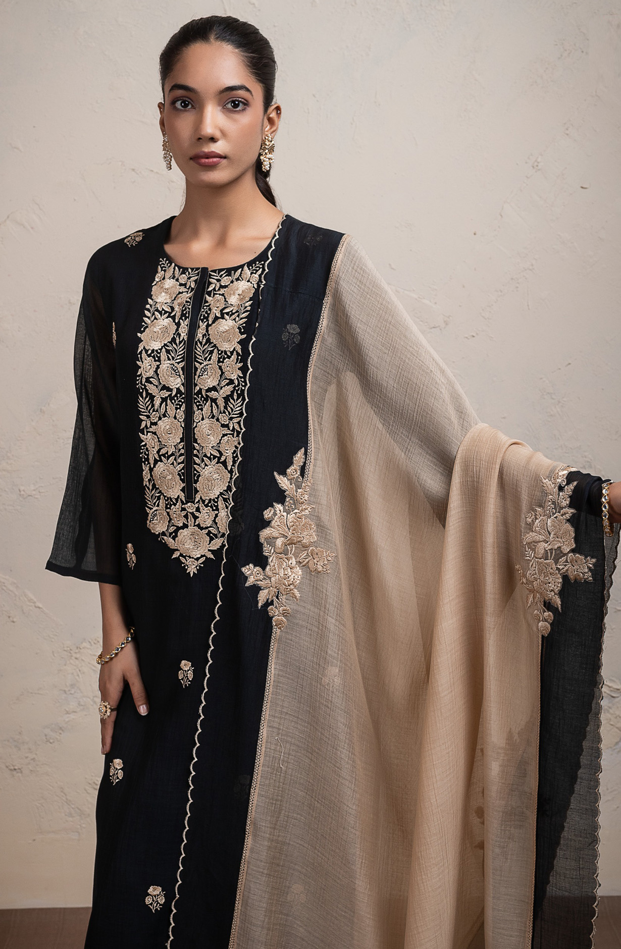 Black Pure mul chanderi embroidered Suit Set with Dupatta - R157-SPR2704A