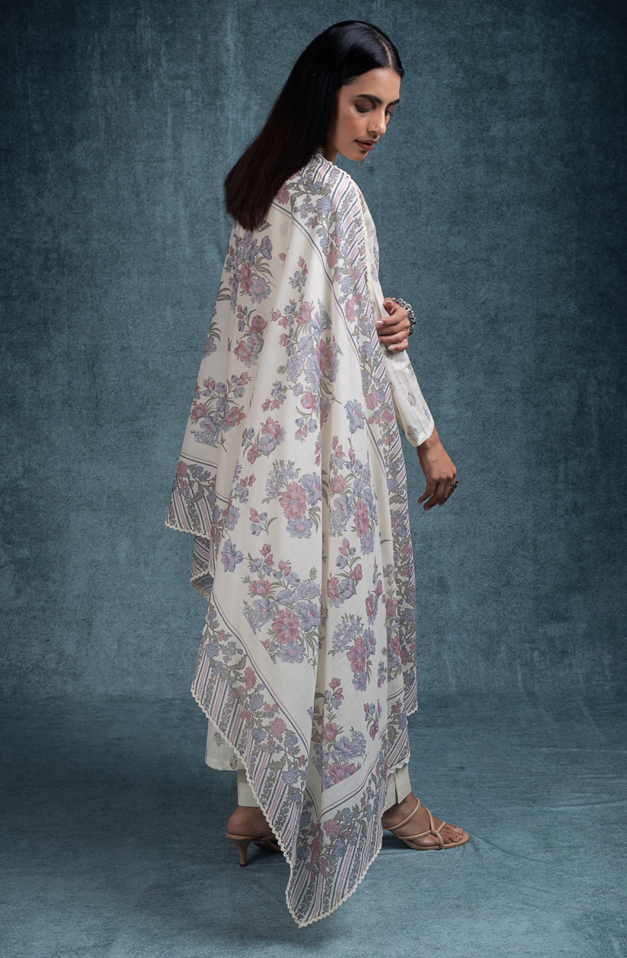 Cream Pure cotton lawn Unstitched Suit Set with Dupatta - SANNT185A