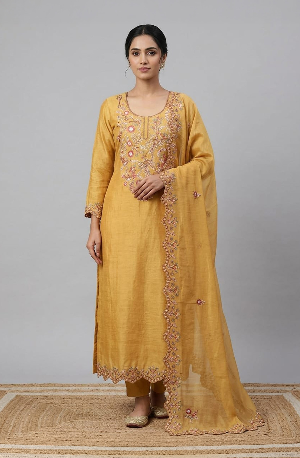 Mustard Mul Chanderi Unstitched Suit Set with Beautiful Dupatta - 752-9187A