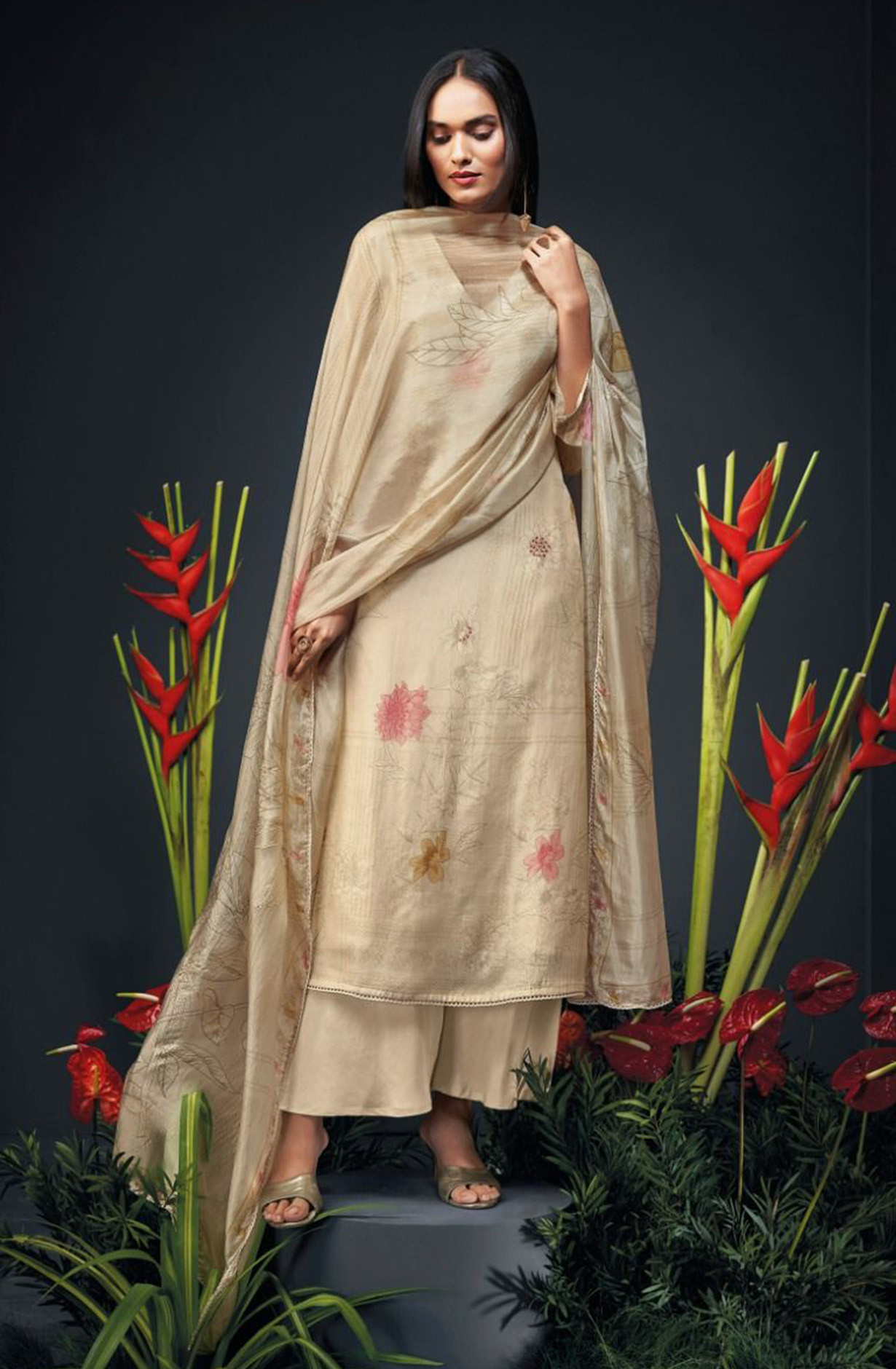 Beige Silk Suit set with Dupatta- ZAN1689