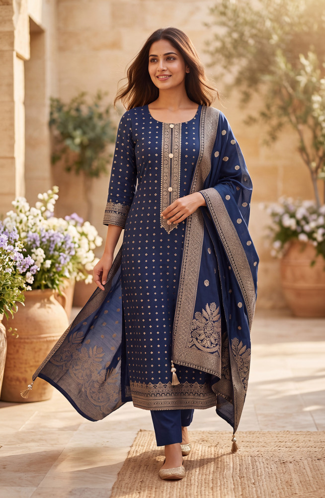 Image of Blue Satin Silk Unstitched Suit-Set with Beautiful Dupatta - 691-C5090