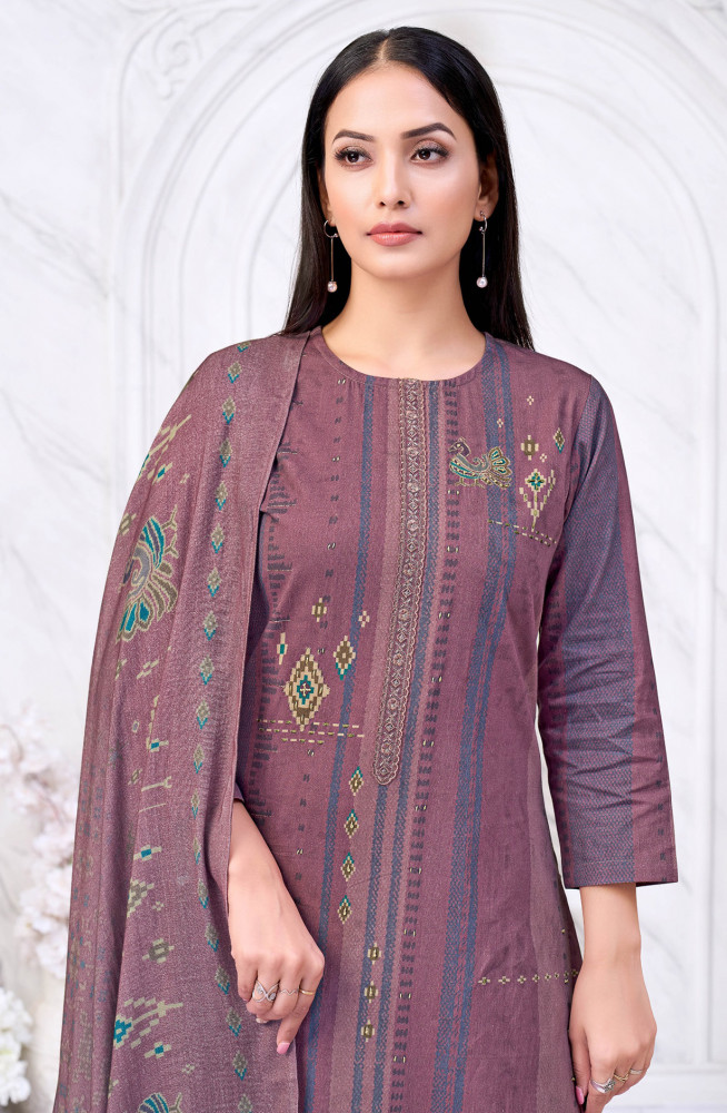Image of Purple pure corduroy Suit set with Dupatta- LAM530