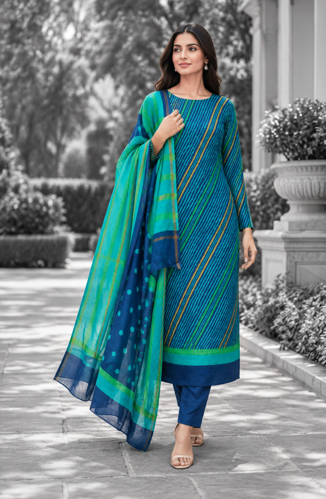 Image of Blue Maheshwari Unstitched Suit-Set with Dupatta - 811-S151-445-163B