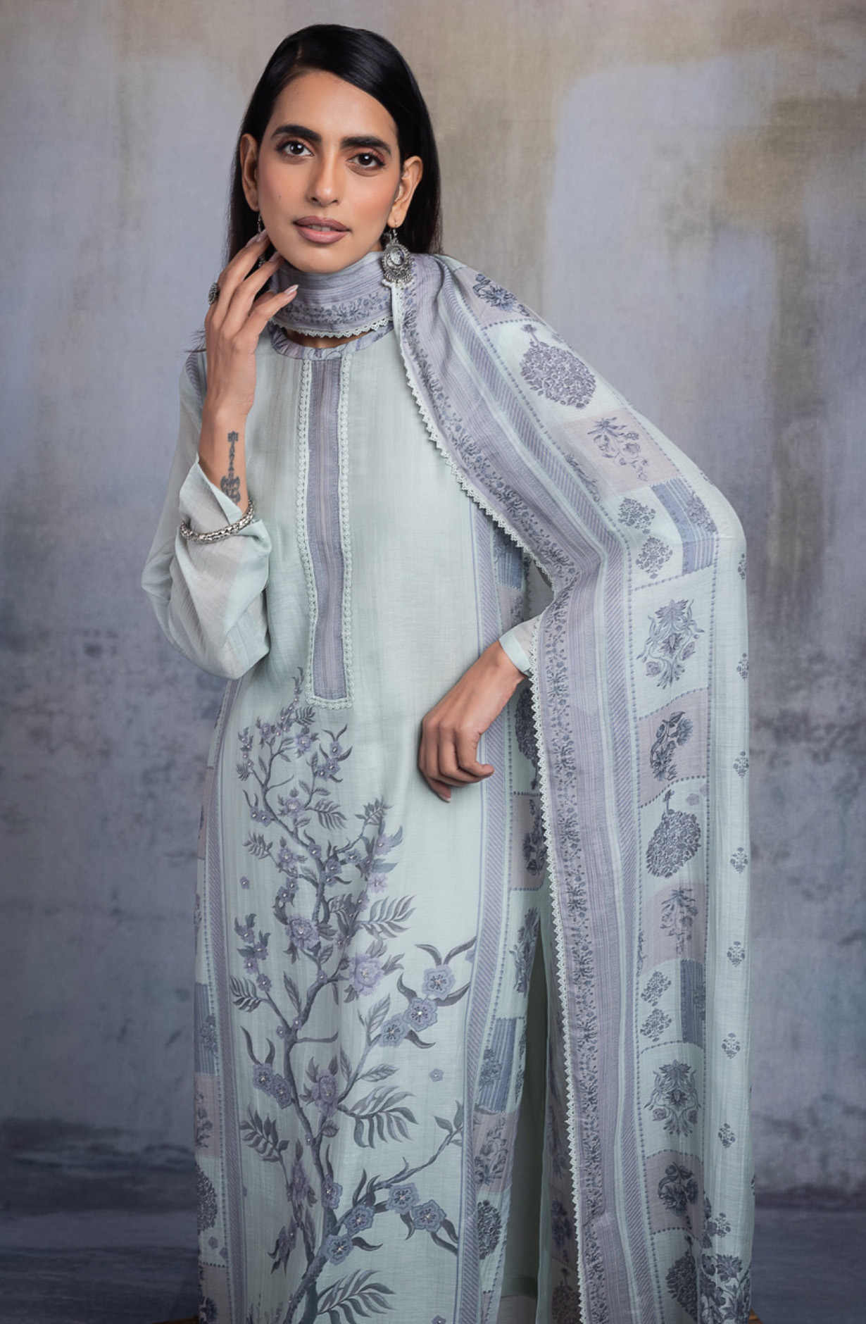 Green Pure mulchanderi Unstitched Suit Set with Dupatta - SHAKNT119A