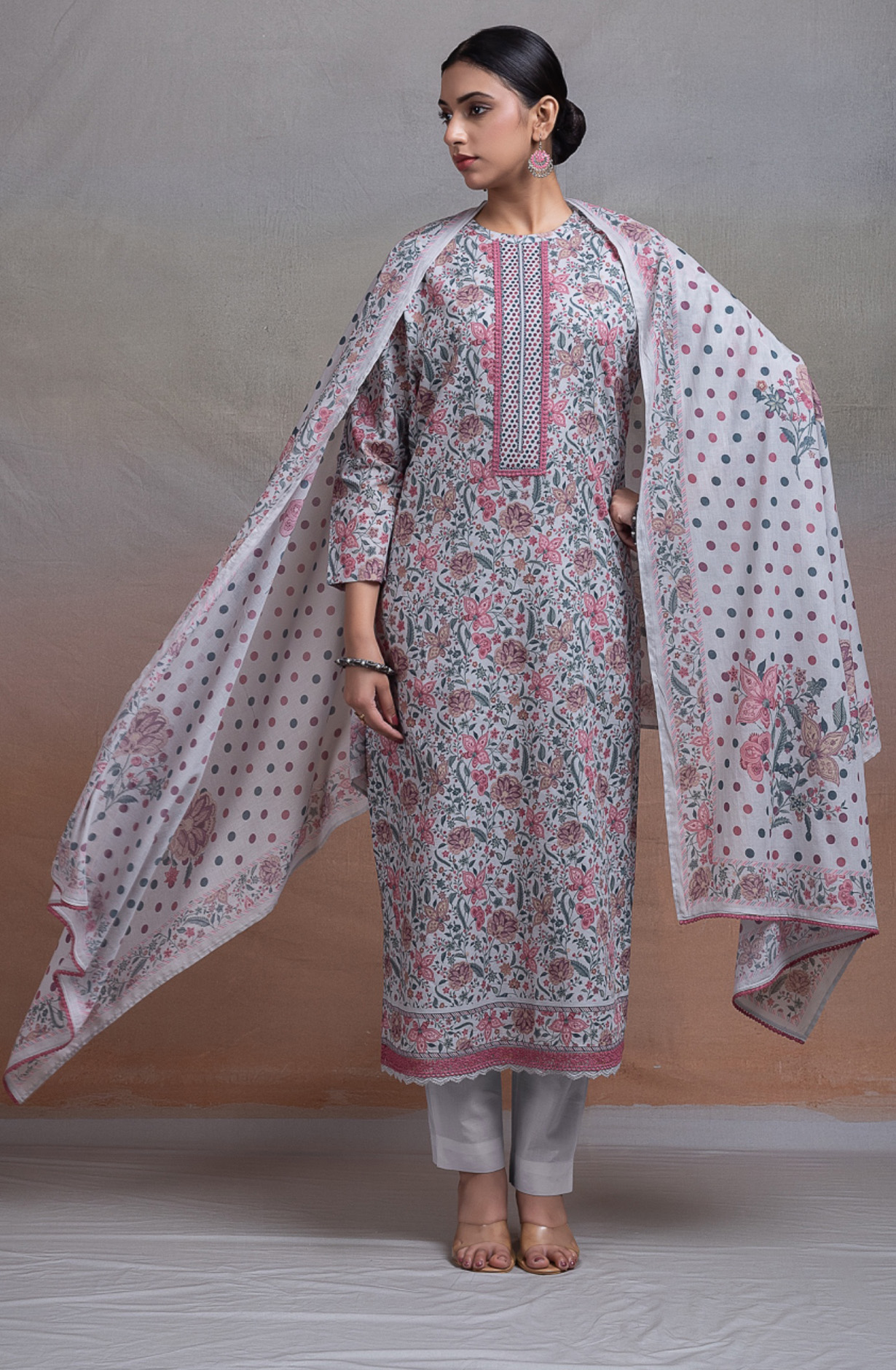 Grey Pure cotton lawn Unstitched Suit Set with Dupatta - TEENT167A