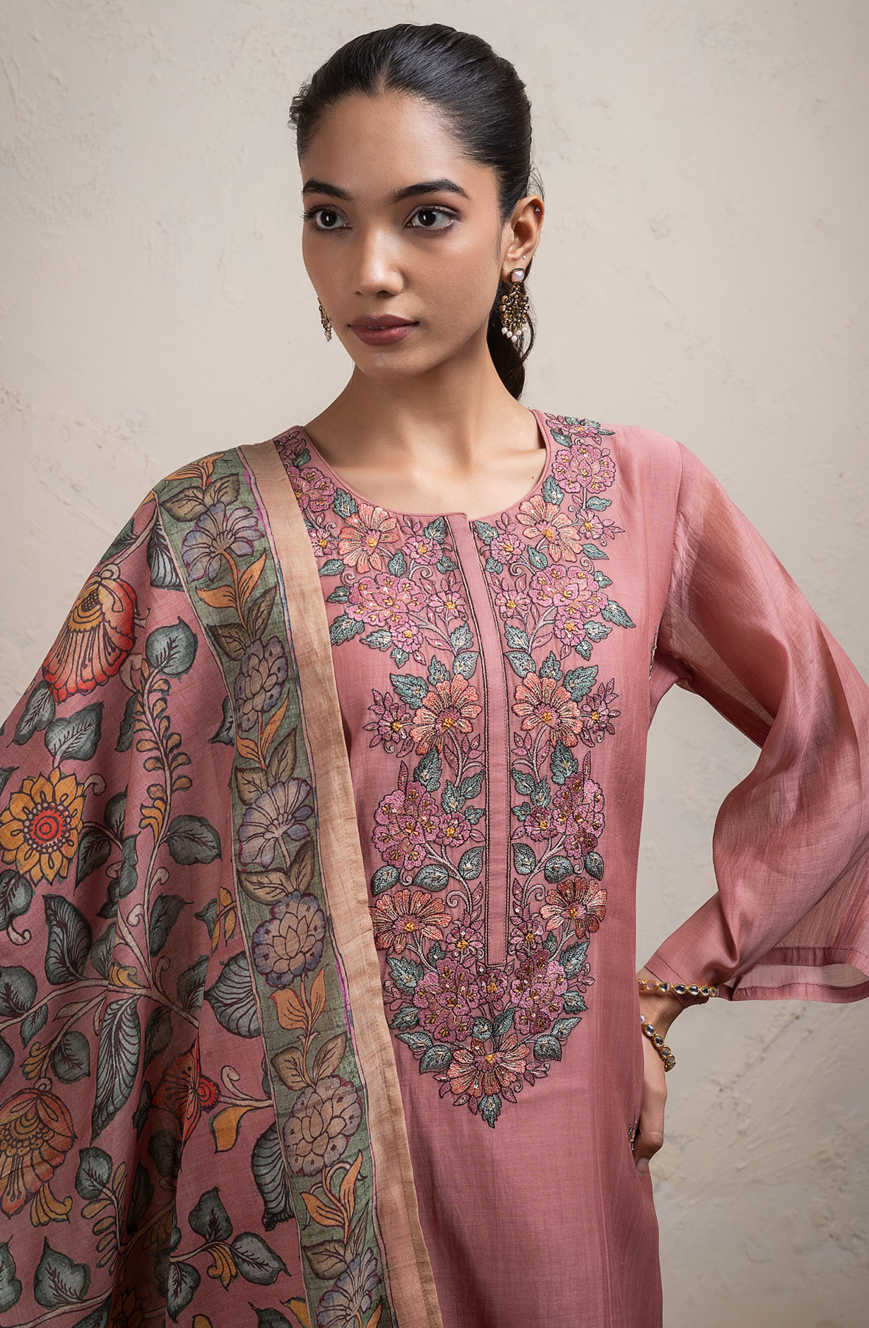 Peach Mul Chanderi embroidered Suit Set with Dupatta - R157-SPR2709A