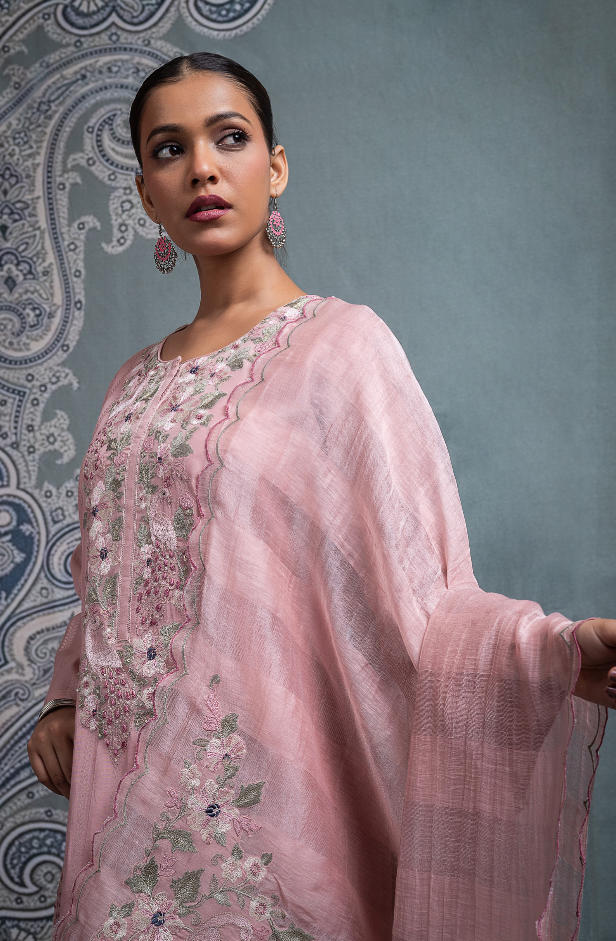 Pink Mul Chanderi Jacquard embroidered Suit Set with Dupatta - R157-SPR2694A