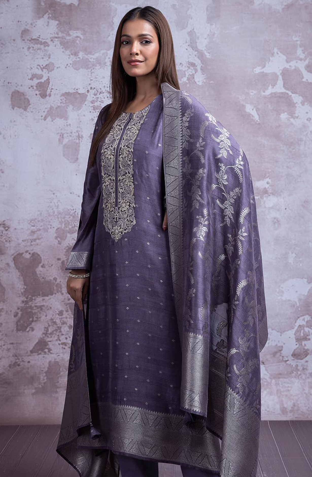 Purple silk Jacquard Suit Set with Dupatta - R157-SPR2355B