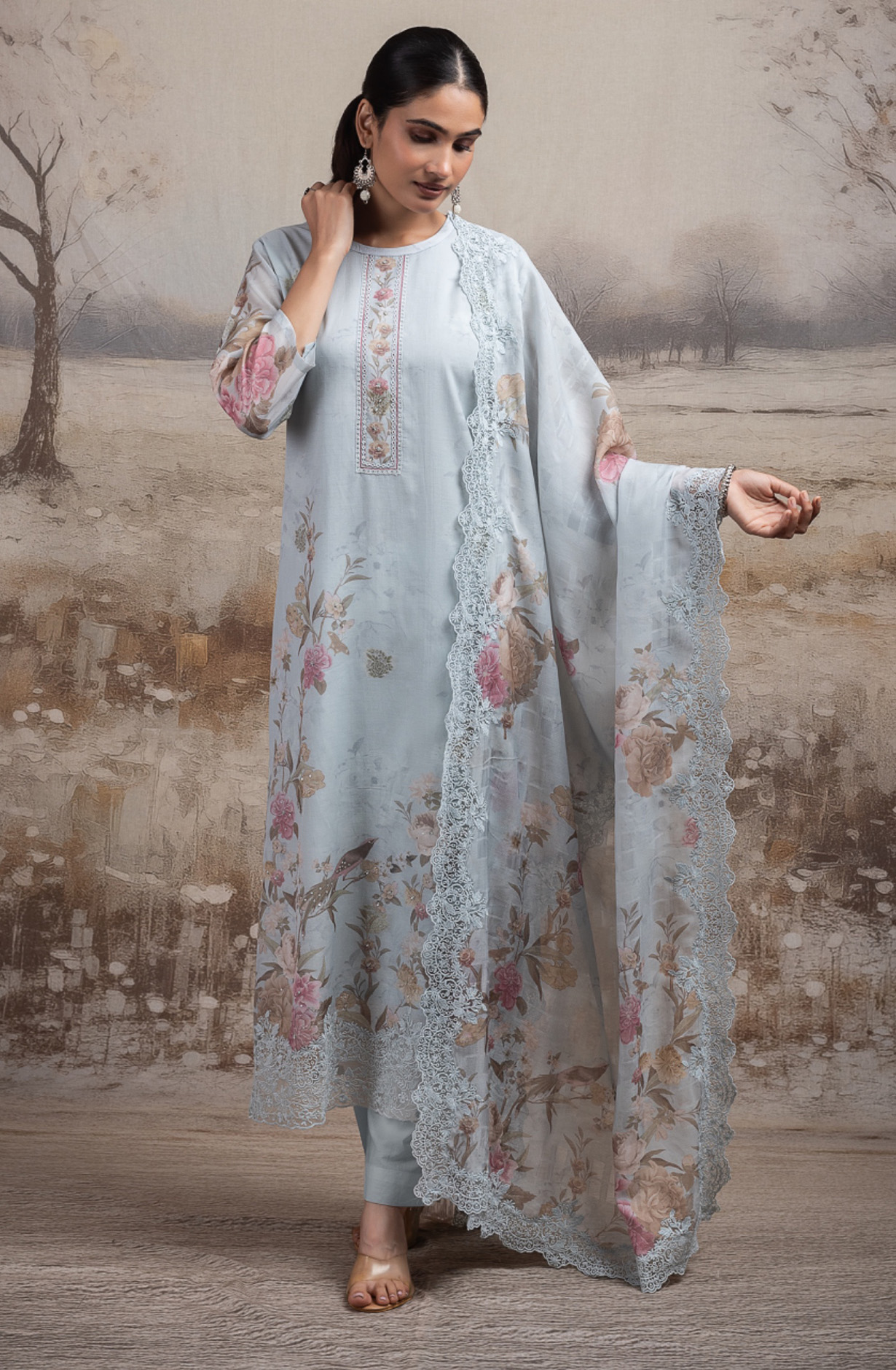 Grey Pure mul chanderi beautiful Suit Set with Dupatta - ROSNT144B