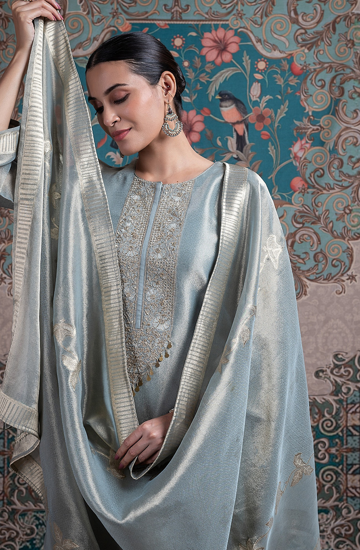 Grey silk tissue Jacquard Suit Set with Dupatta - R157-SPR2357B