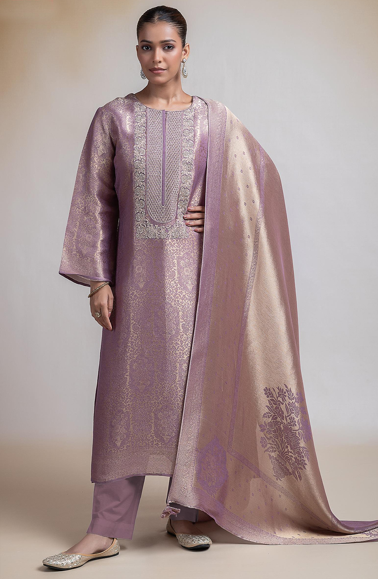 Mauve silk tissue Jacquard Suit Set with Dupatta - R157-SPR2387B