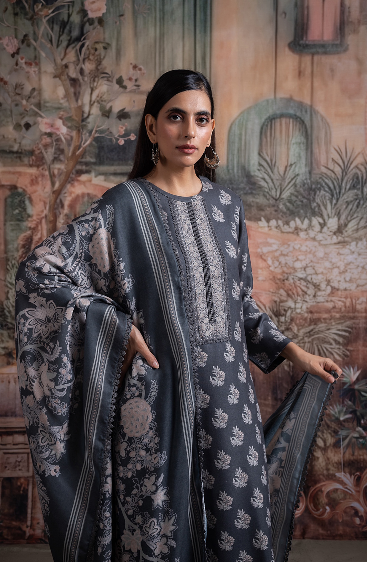 Grey Pashmina Suit set with Pashmina Dupatta - ZIR2094C