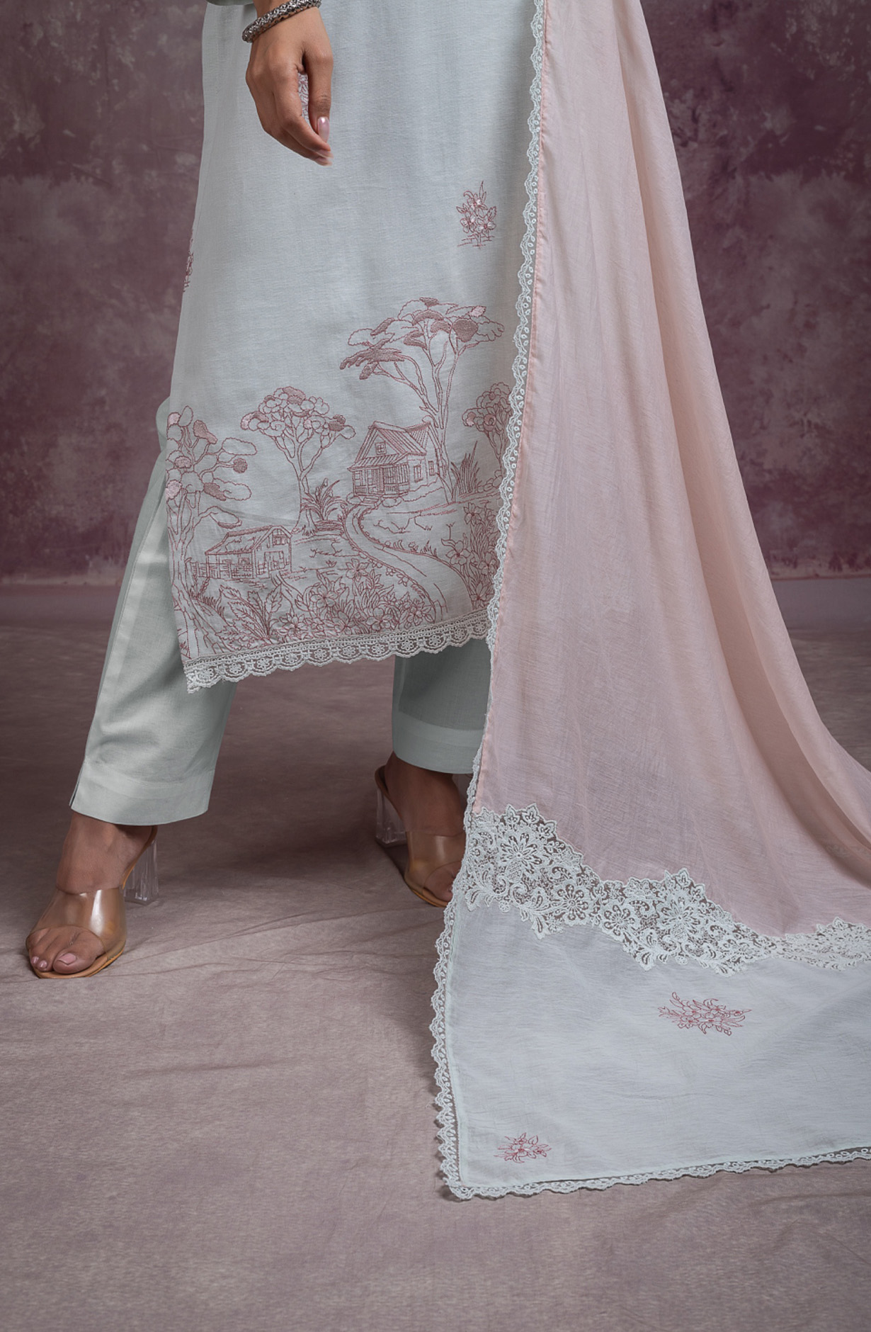 Sea Green pure cotton linen embroidered beautiful Suit Set with Dupatta - ALANT168A