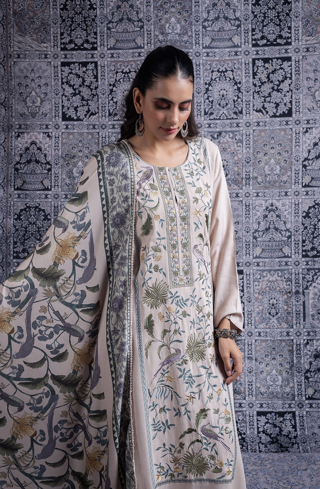 Grey Pure Pashmina Suit Set with Pashmina Silk Dupatta - JAN2100A