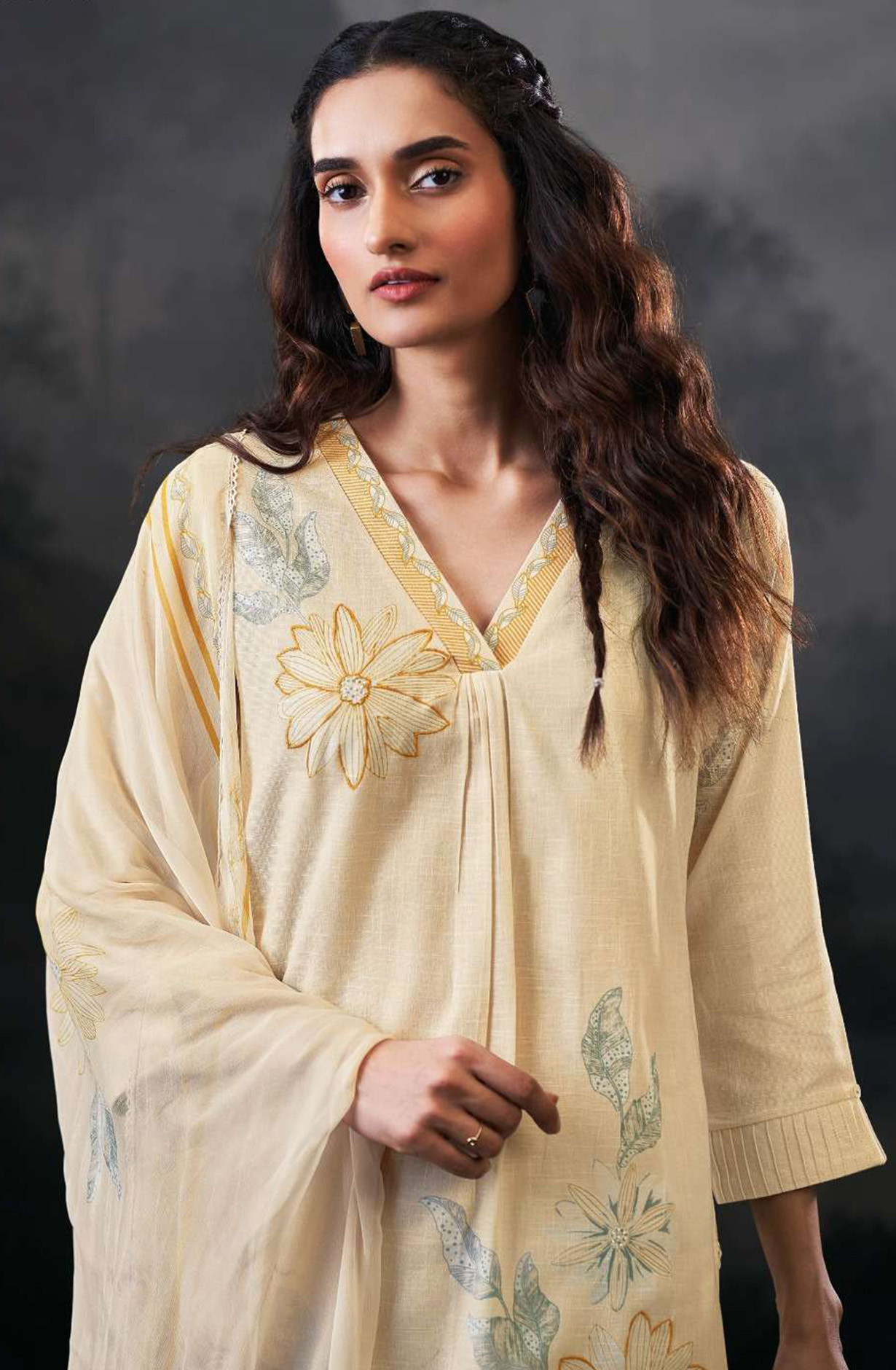 Beige premium cotton linen Unstitched Suit Set with Dupatta - ALVS4507A