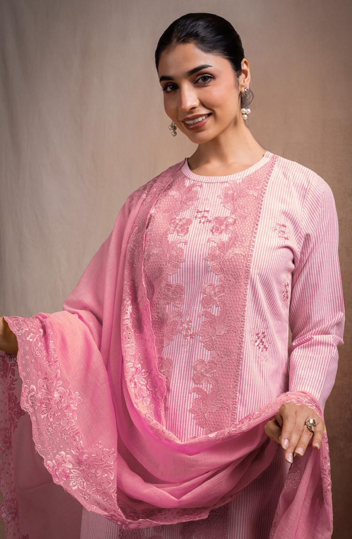 Pink Pure Cotton Handloom Embroidered Suit Set with Dupatta - ANTNSF137B