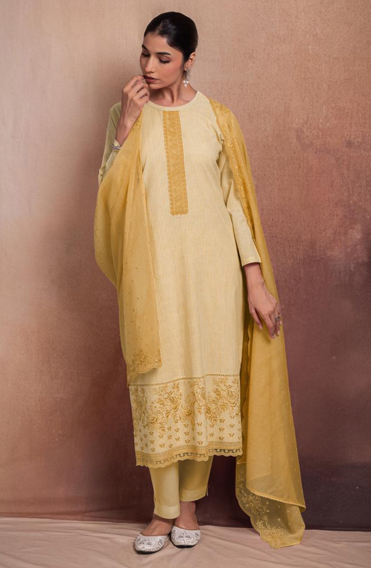 Yellow Pure Cotton Handloom Embroidered Suit Set with Dupatta - ANTNSF136C