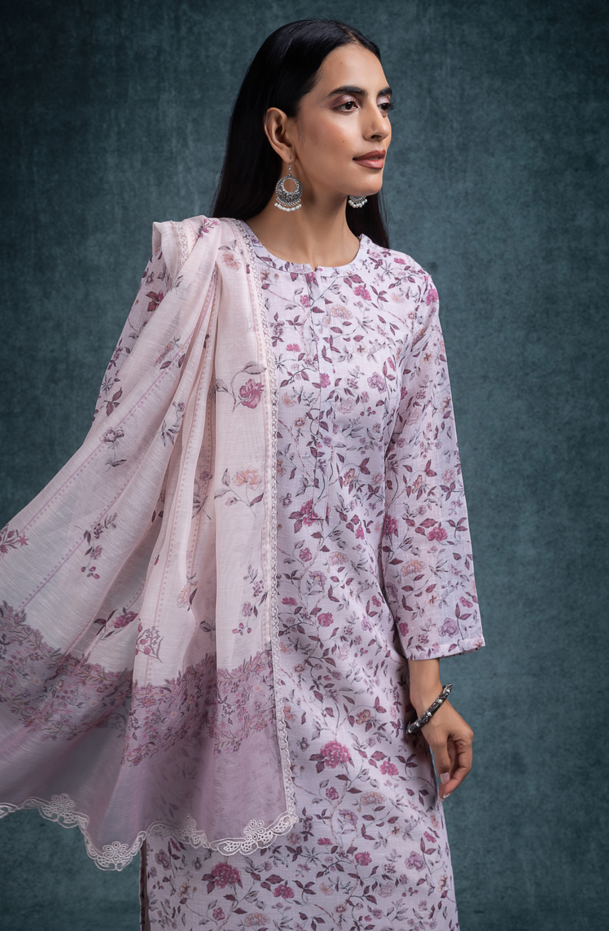 Pink Linen beautiful Suit Set with Dupatta - INRNSP107B