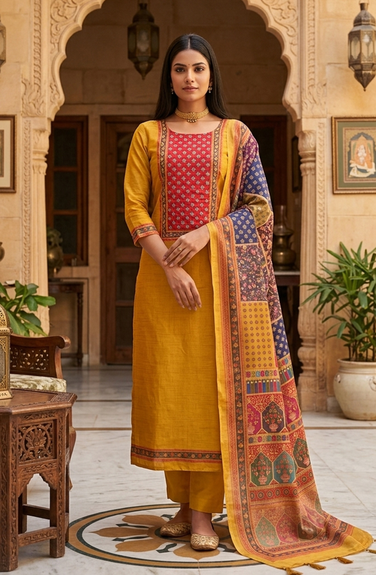 Mustard Chanderi Silk Beautiful Suit Set with Dupatta - 981-1335A