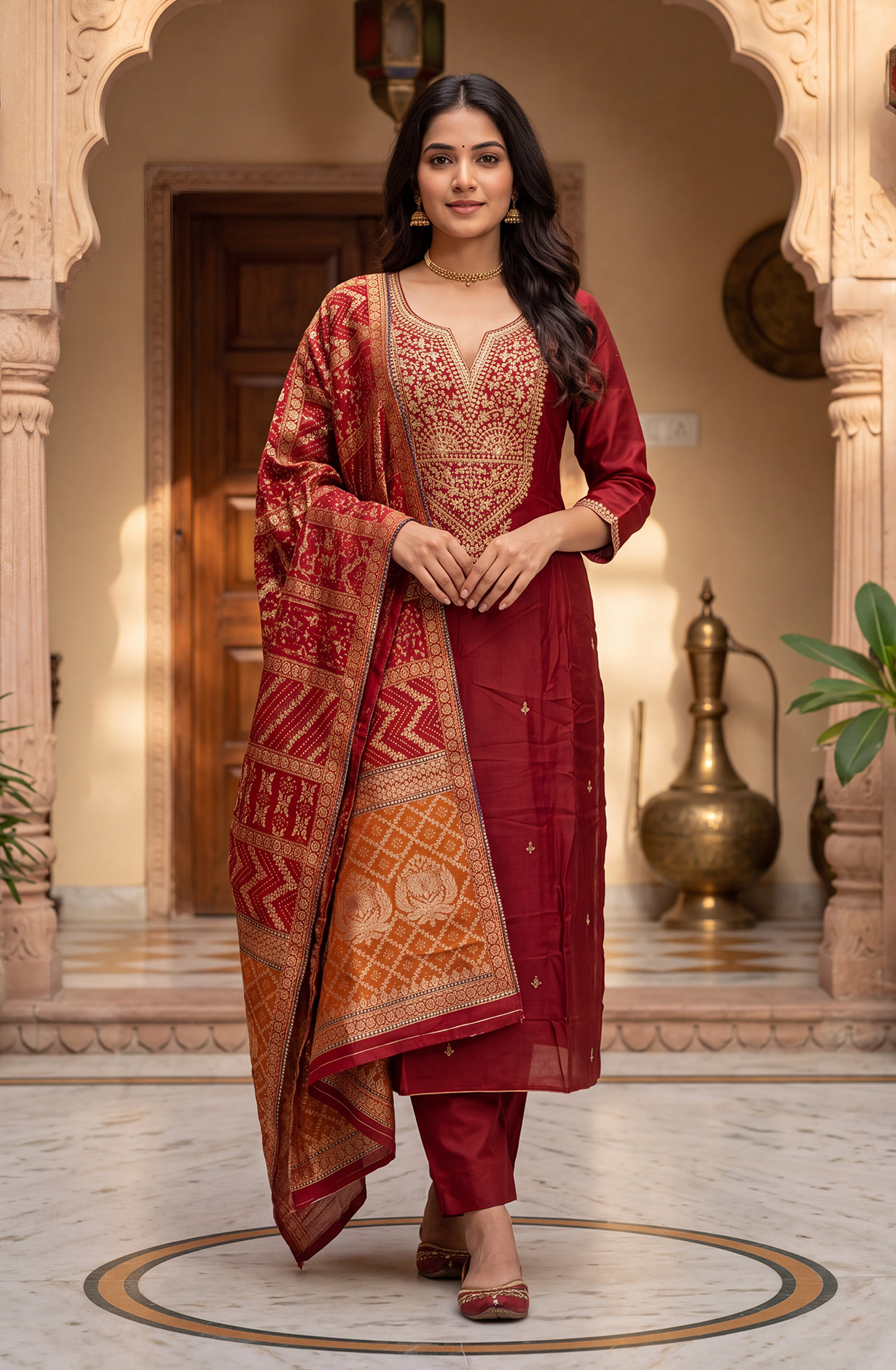 Mehroon Silk Unstitched Suit-Set with Beautiful Dupatta - 981-NK688