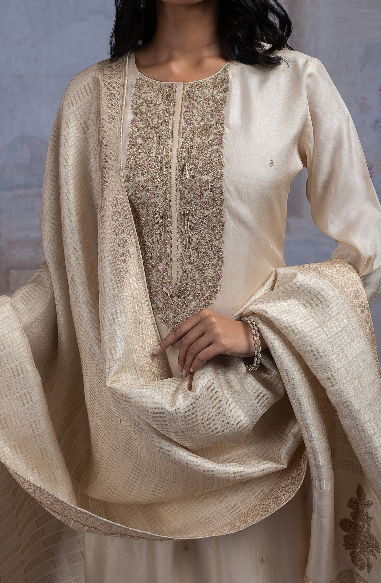 Beige Silk Suit Set with Dupatta - R157-SPR2542A