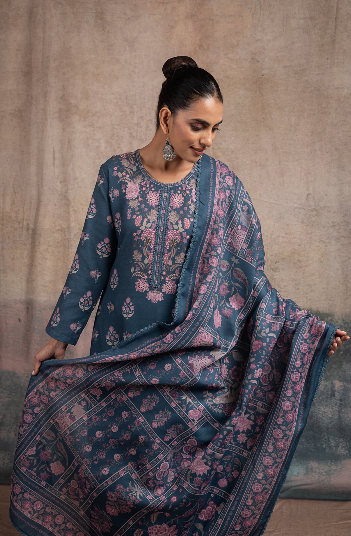 Blue Pashmina Digital Printed Suit Set with Dupatta - SUF2136B