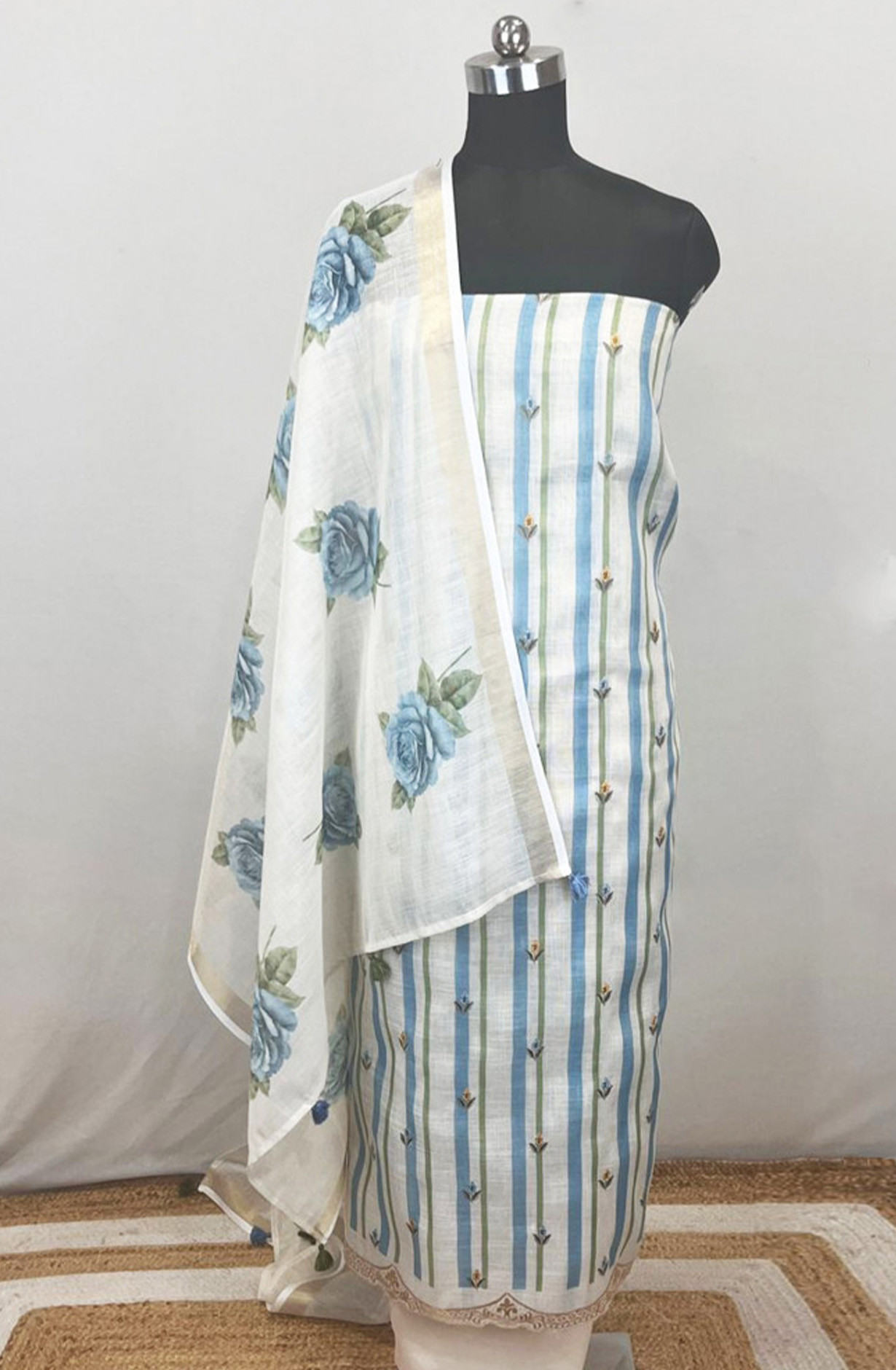 Blue Linen printed Unstitched Suit Set with Dupatta - 811-S151-2261B
