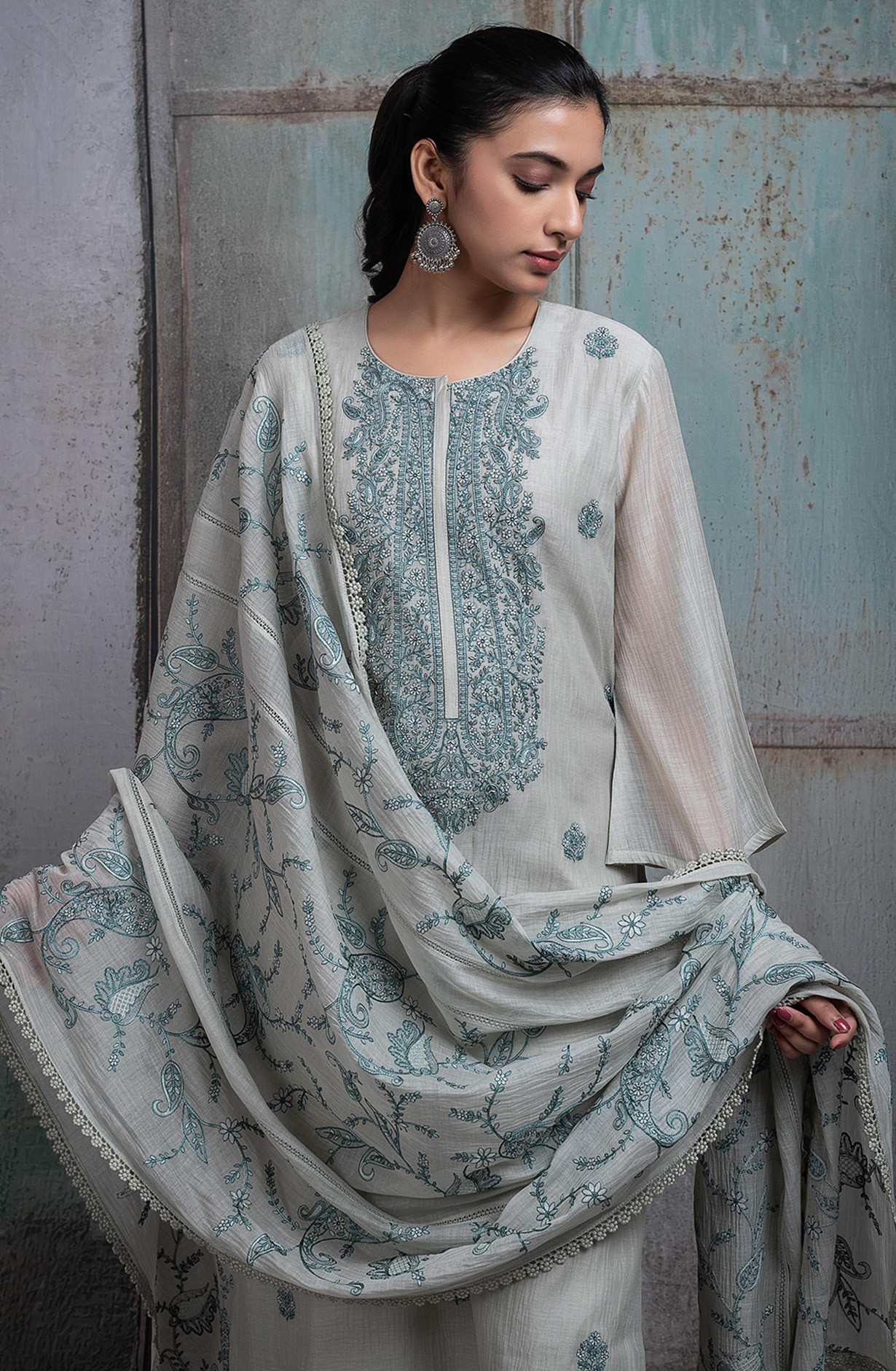 Bottle Green Pure mul chanderi Embroidered Suit Set with Dupatta - R157-SPR2597A