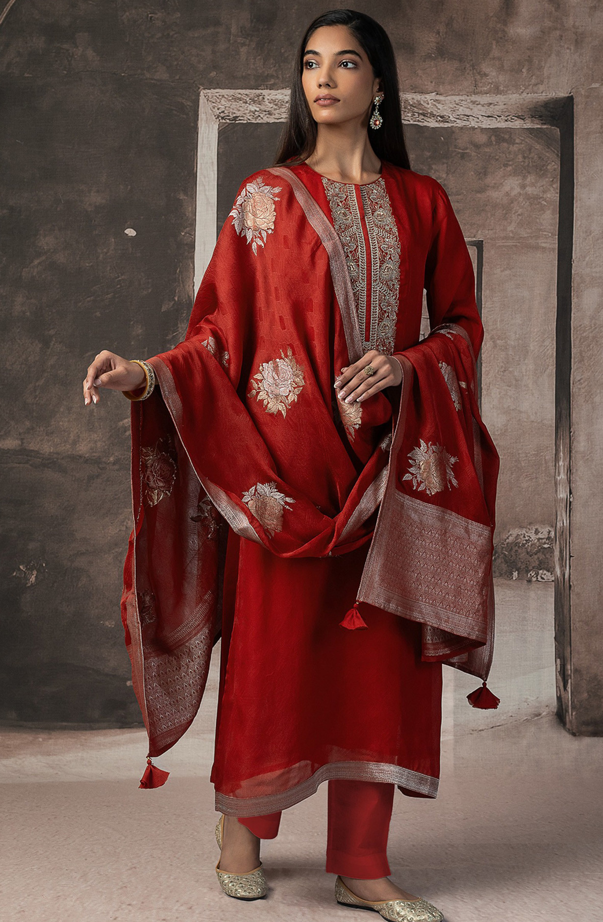 Red Silk Jacquard Suit Set with Silk Dupatta - R157-SPR2534B