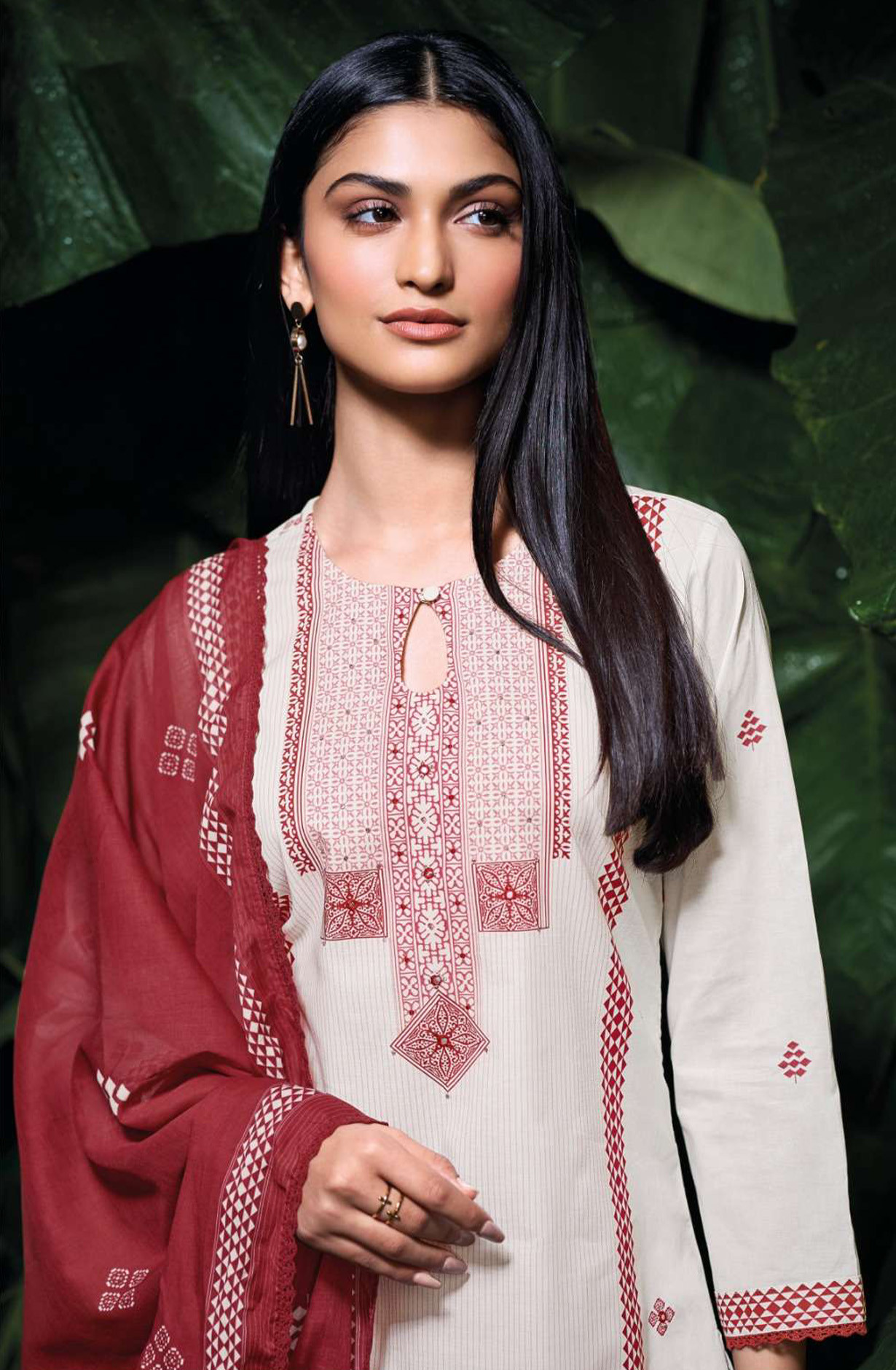 Red premium cotton Unstitched Suit Set with Dupatta - KRIS4498B