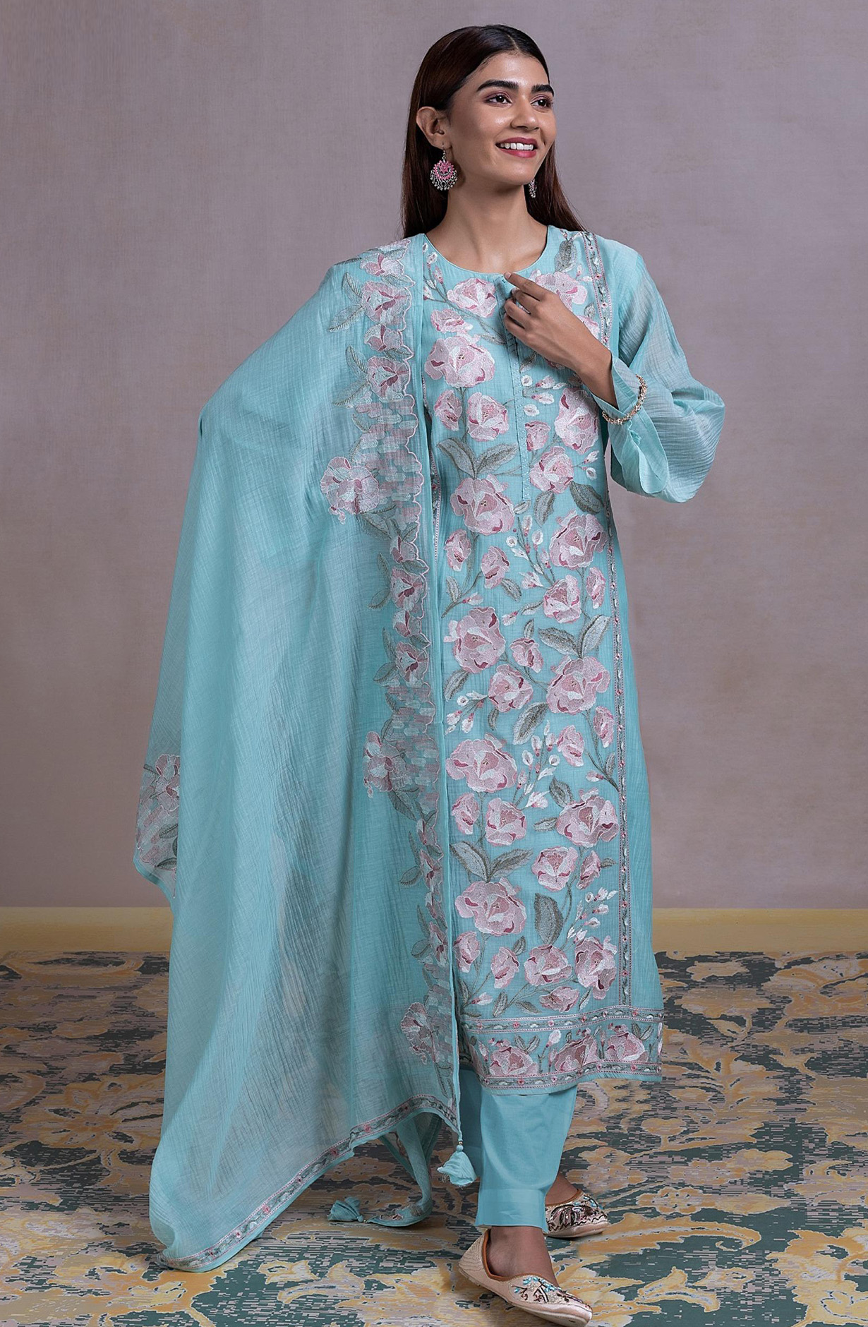 Blue Mul chanderi Embroidered Suit Set with Dupatta - R157-SPR2316A