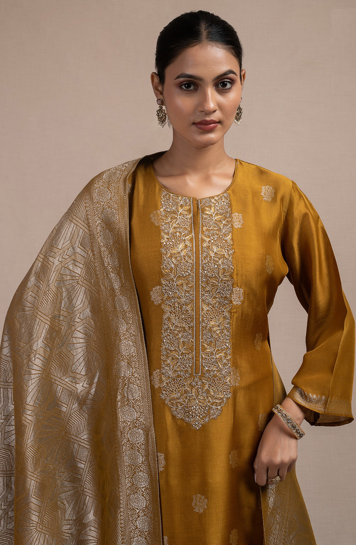 Mustard Silk Jacquard Suit Set with Silk Dupatta - R157-SPR2536B