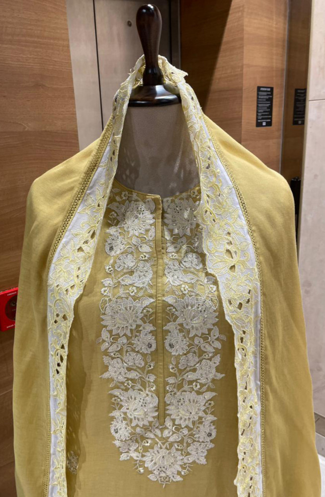 Image of Yellow Pure Mul Chanderi Embroidered Beautiful Suit Set with Dupatta - R157-SPR2594B