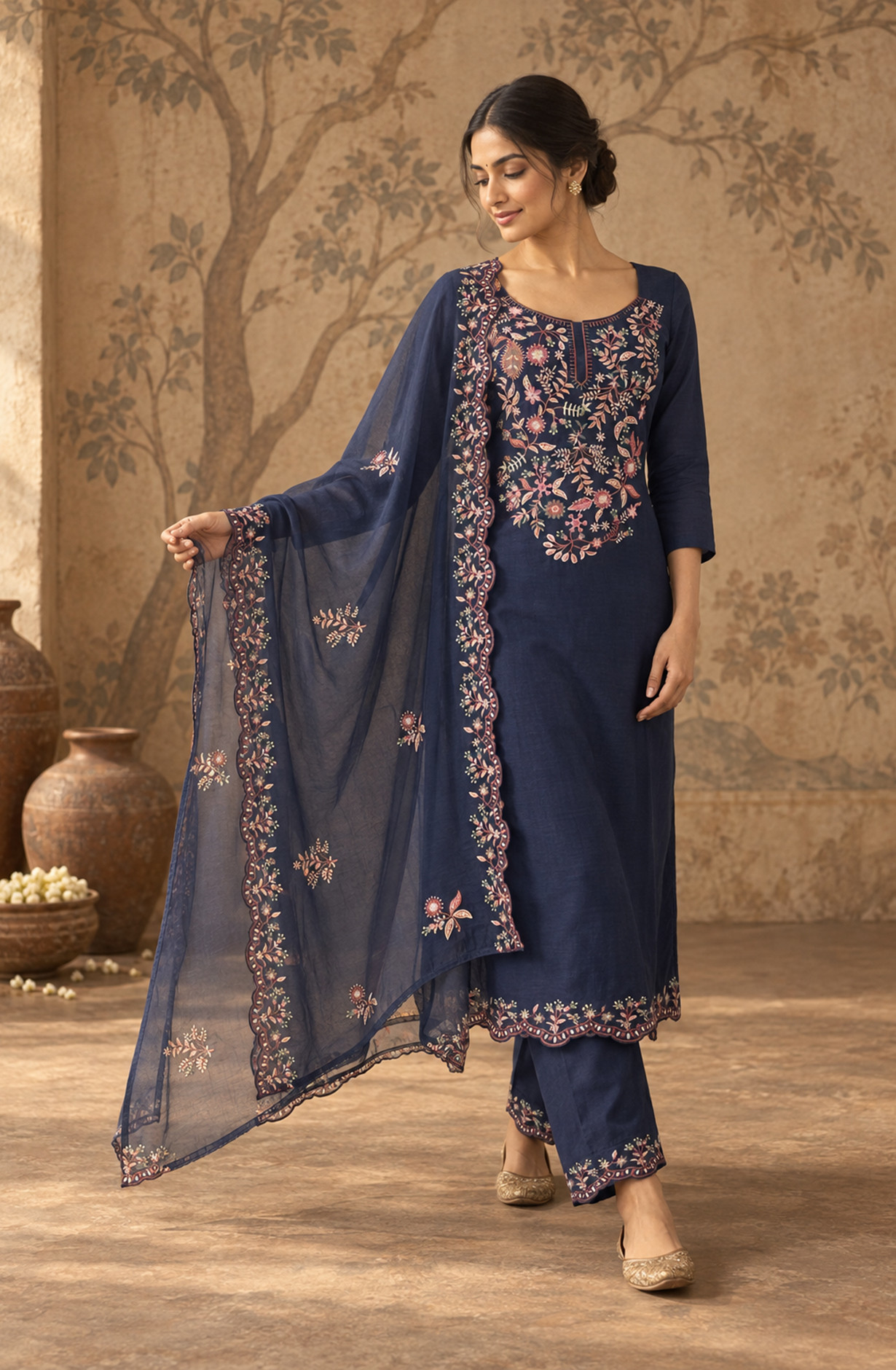 Blue Mul Chanderi Unstitched Suit Set with Beautiful Dupatta - 752-9187C