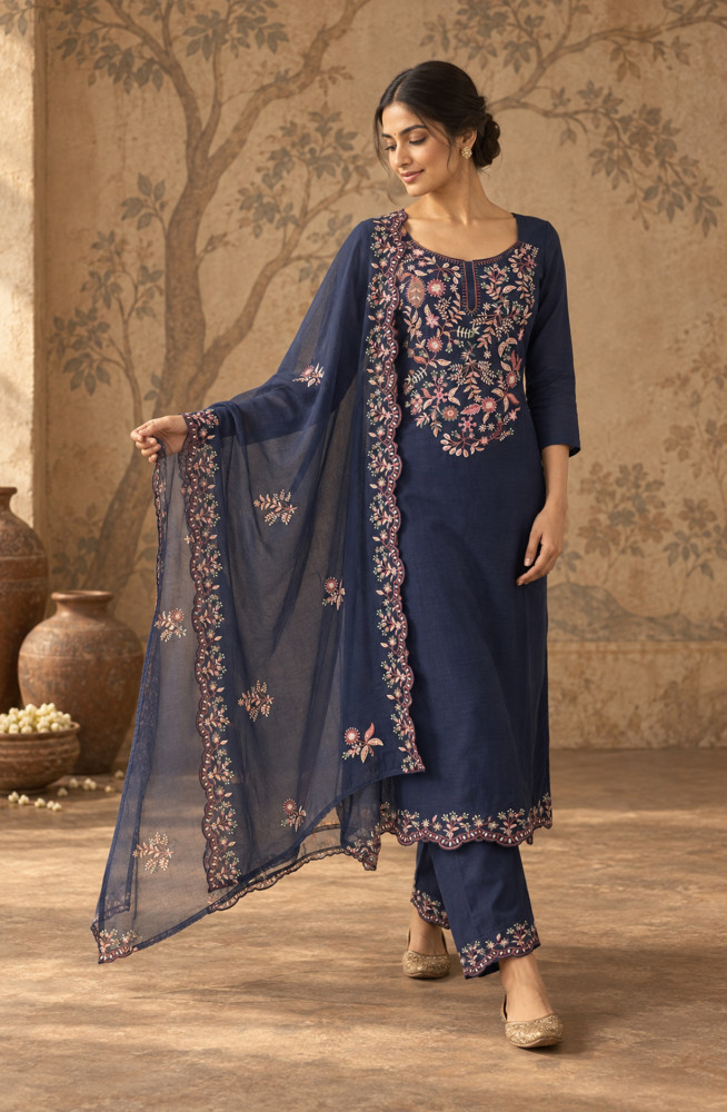 Image of Blue Mul Chanderi Unstitched Suit Set with Beautiful Dupatta - 752-9187C