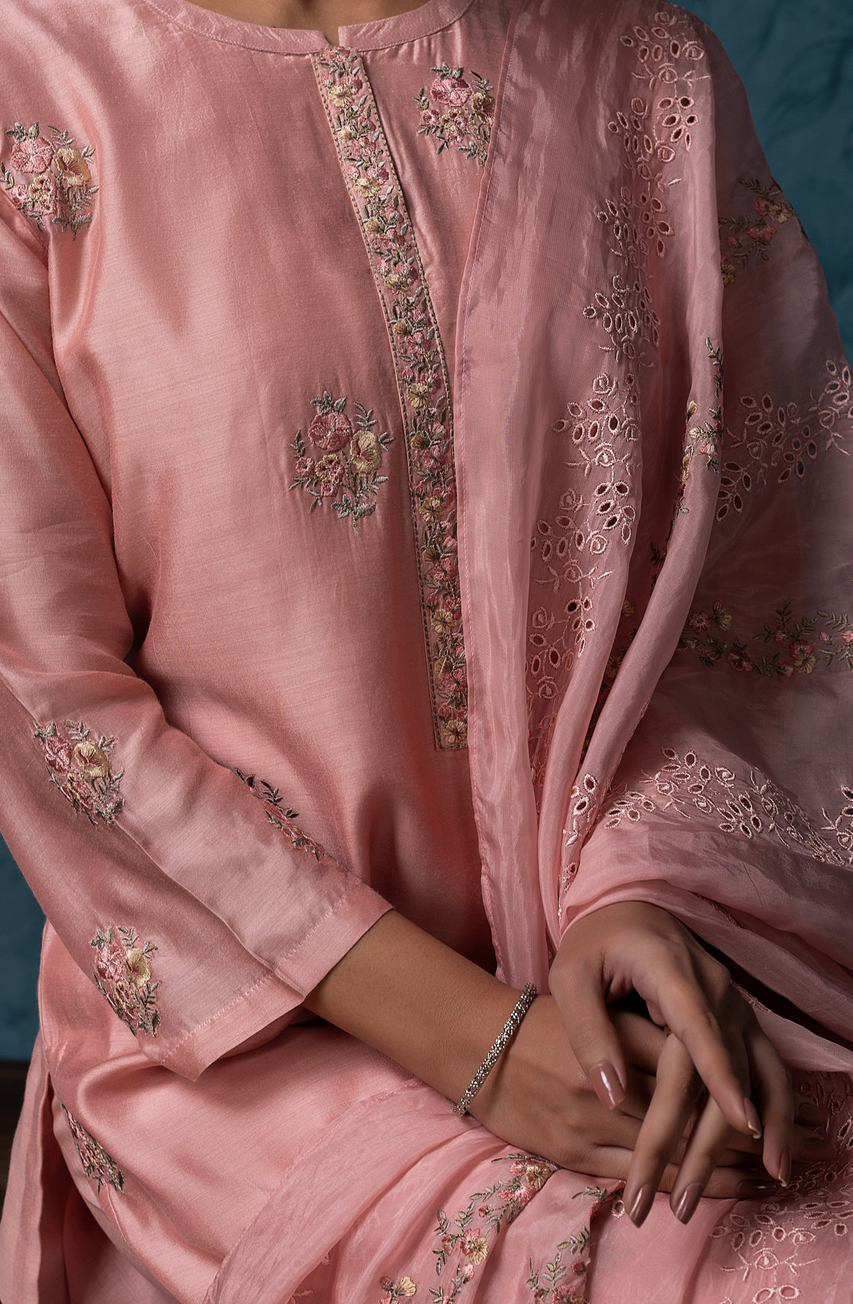 Pink Beautiful Muslin Embroidered Salwar Kameez with Organza Dupatta - GAR1870C