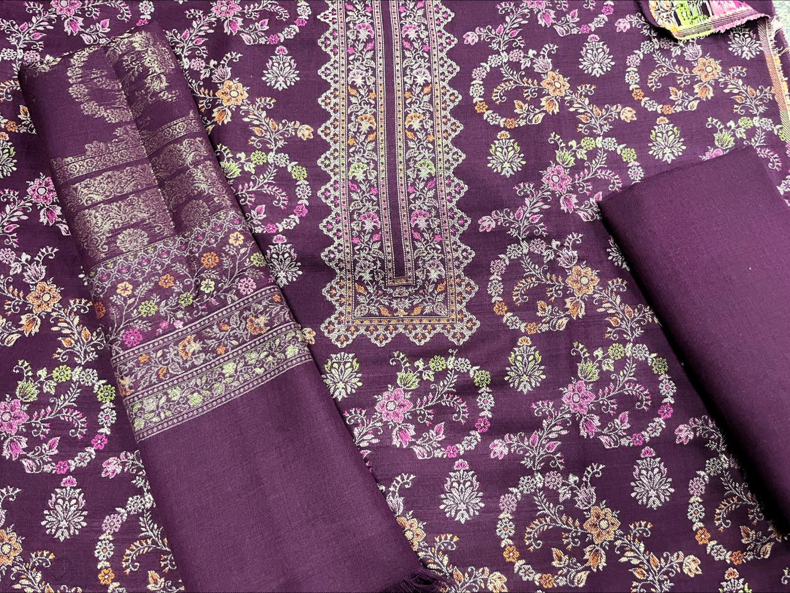 Pure Woolen Pashmina Jacquard Salwaar Kameez with Pashmina Shawl- 604-AMSI-3A