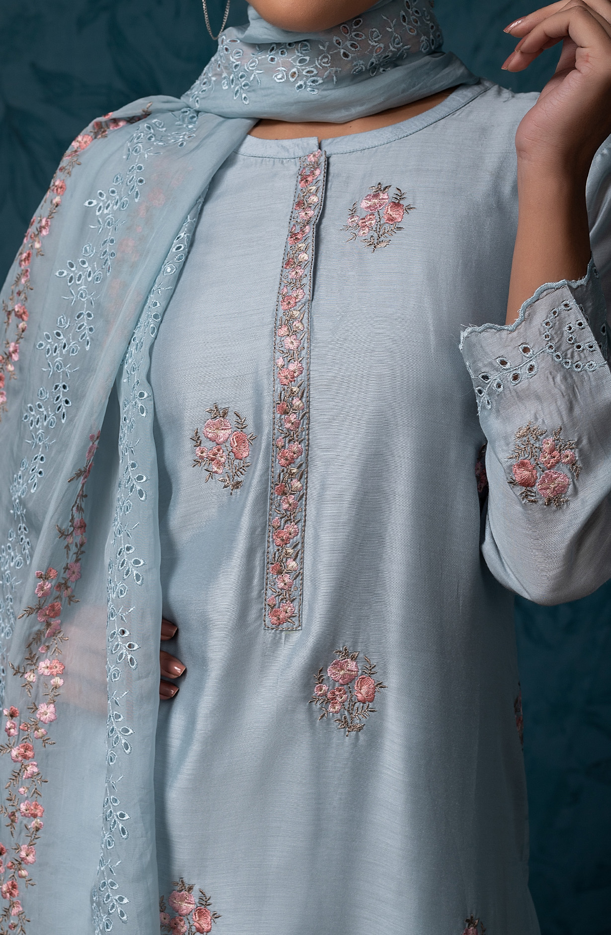 Pastel Blue Beautiful Muslin Embroidered Salwar Kameez with Organza Dupatta - GAR1870B