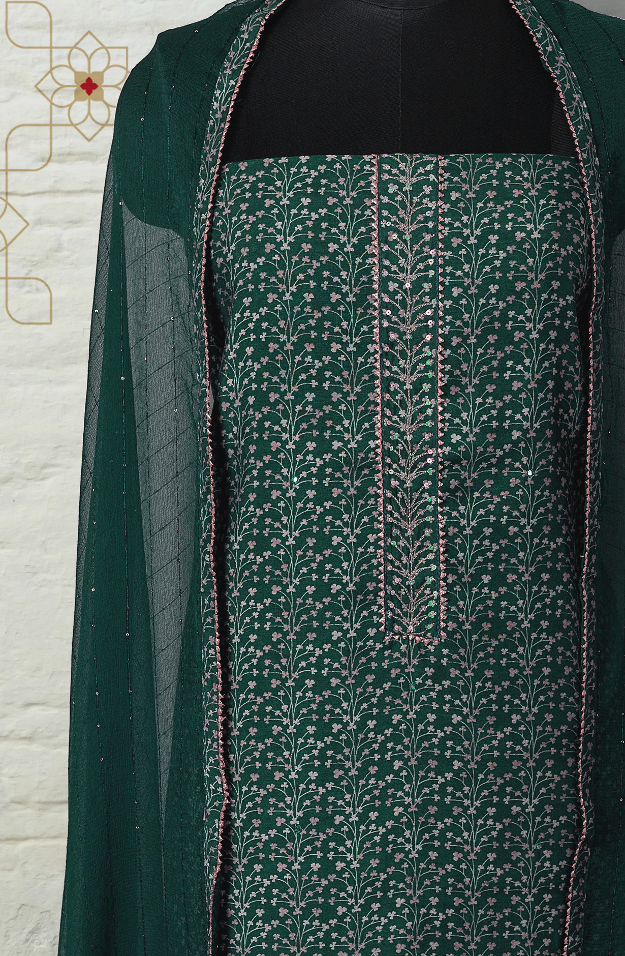 Bottle Green Modal Silk Digital Printed Suit with Chiffon Dupatta - 912-YRT09713A