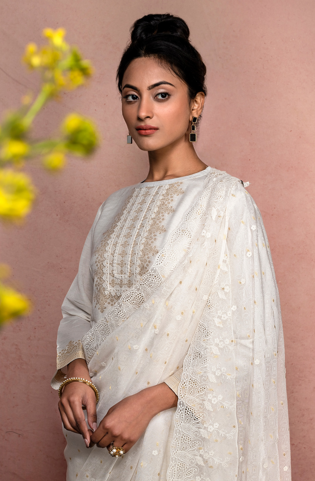 Beautiful Cream Linen Exclusive Embroidery Salwar Suit with Organza Dupatta - TAR1754