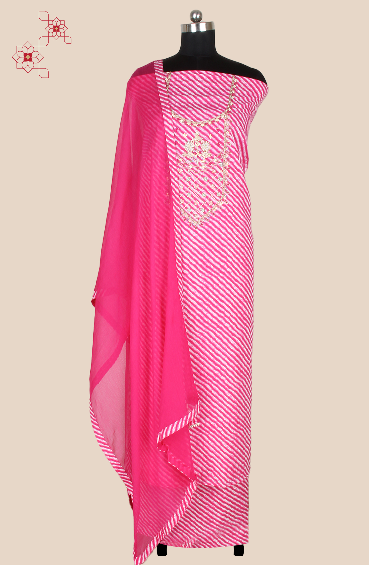 Rani Pink Cotton Unstitched Leheriya Print Suit with Chiffon Dupatta - 693-JDF2832